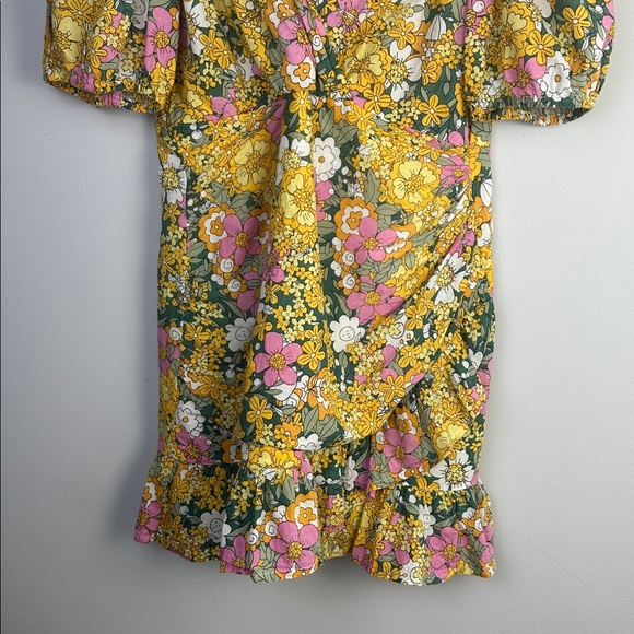 RAHI The Petra Dress Puff Sleeve Ruched Fauxed Wrap Ruffle Floral Cotton Large - Picture 5 of 16